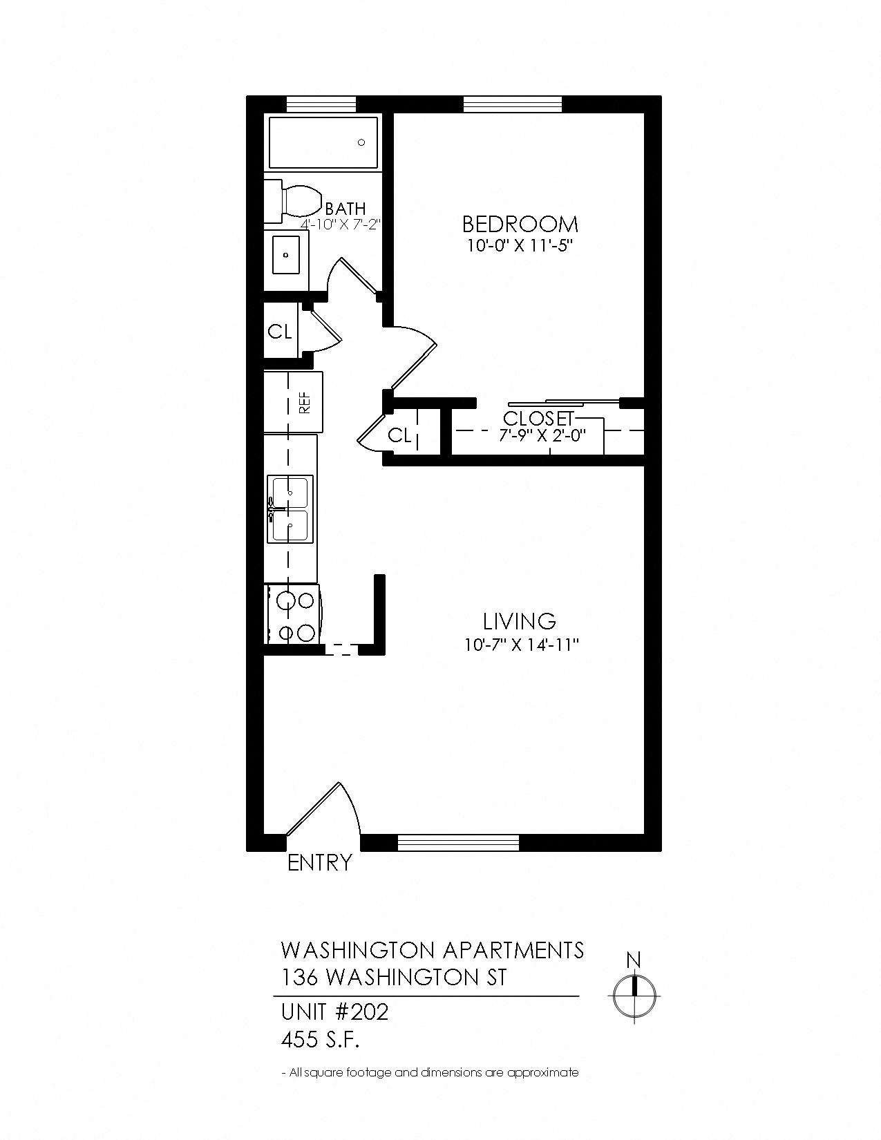 Floor plan for 1 bed, 1 bath, 505 sqft